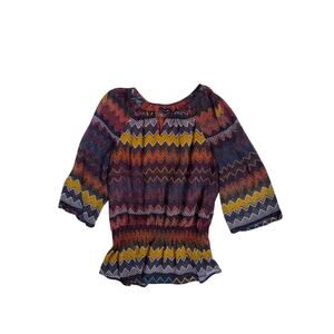 Y2K Sheer Aztec Beaded Blouse Womens M Lightweight Fall Boho Flowy Top